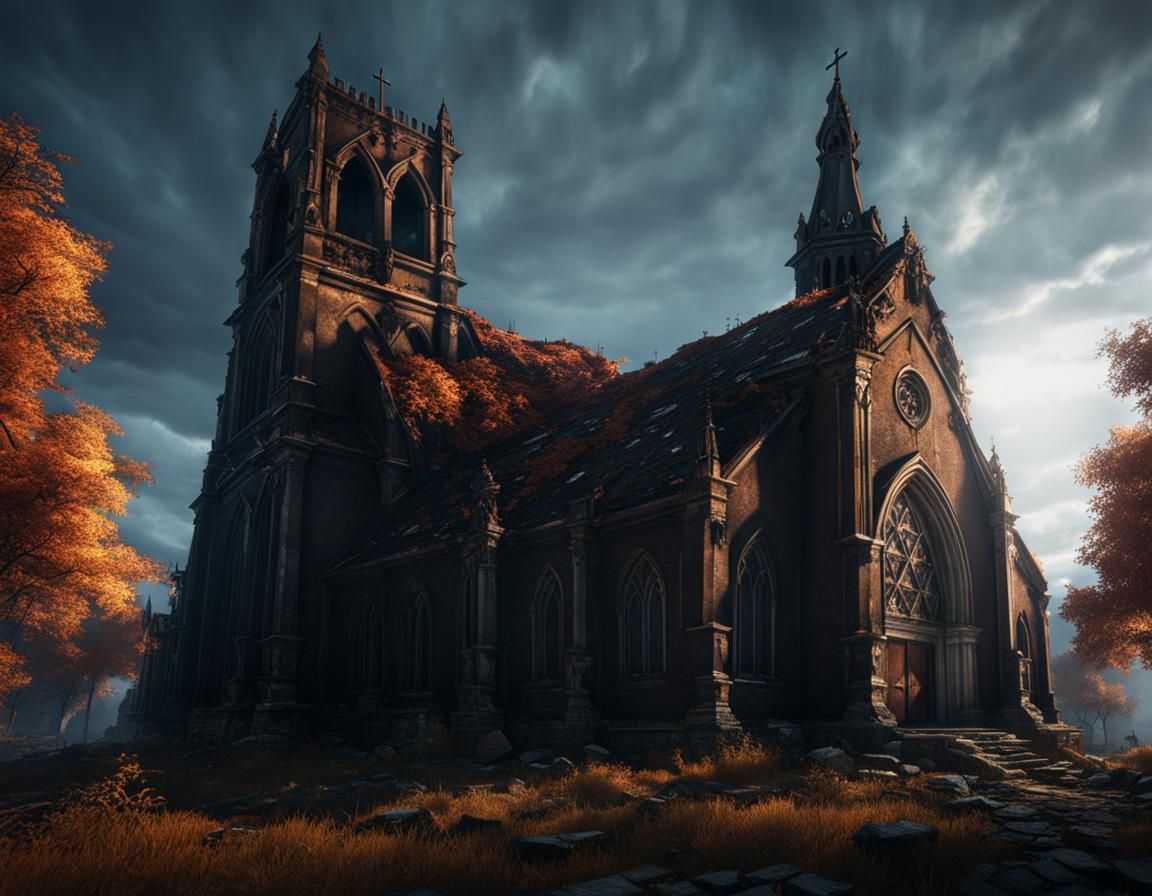 Ominous Dilapidated Church in Dark Fantasy Concept Art