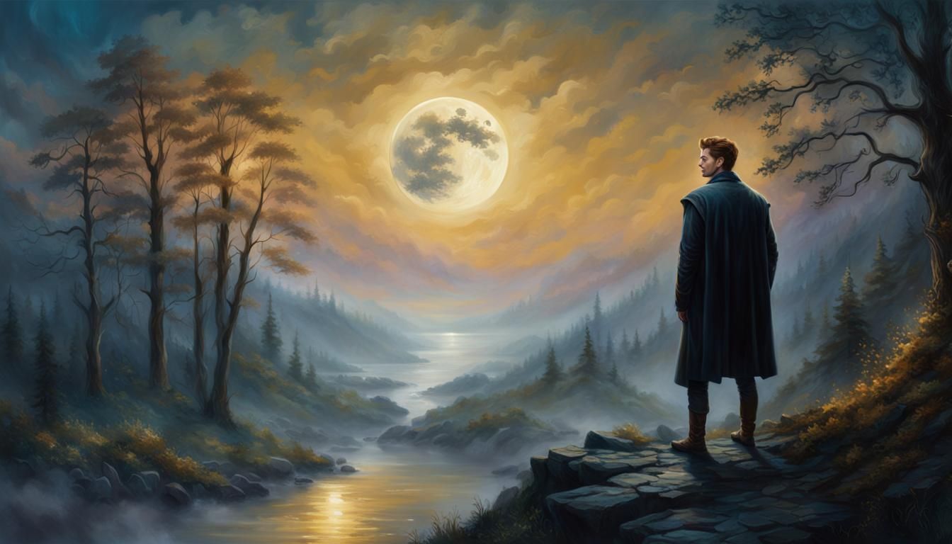 Fantasy Image of Man Gazing at Moon in Oil Painting