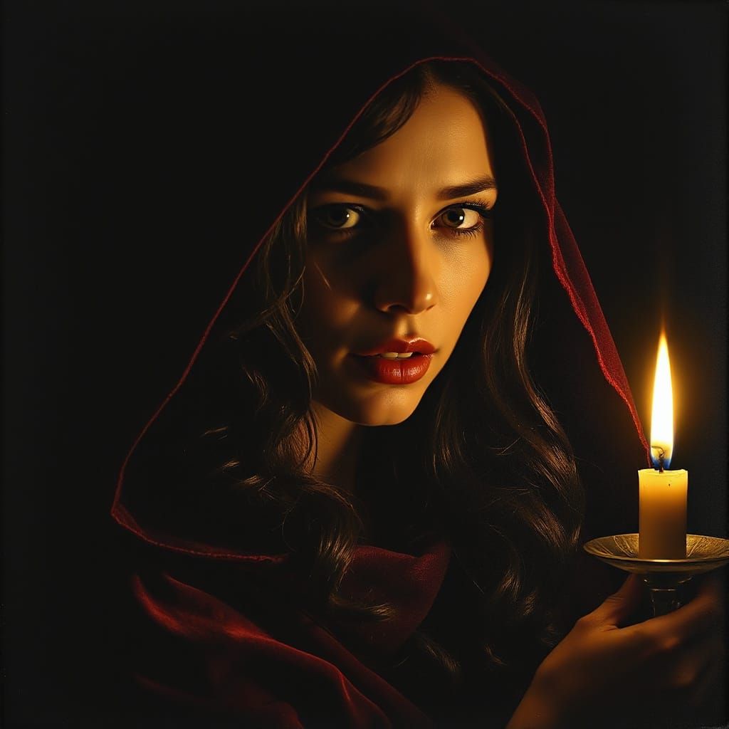 Mysterious Woman in Shadows, Lit by Golden Candlelight