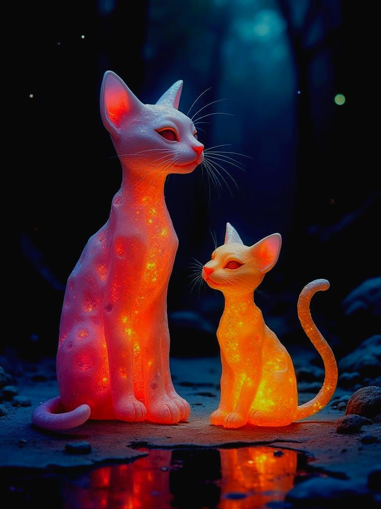 Whimsical Surrealist Scene with Glowing Crystal and Cats