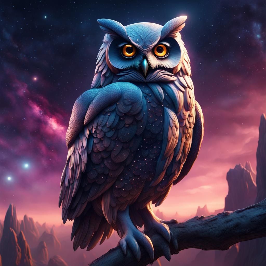 Fantastical Galaxy Owl in Detailed Matte Painting