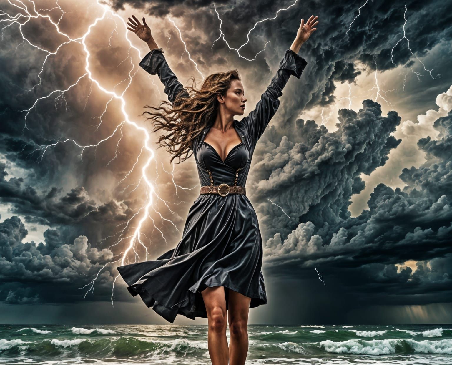 Witch Summons Storm on Beach in Hyperrealistic Style