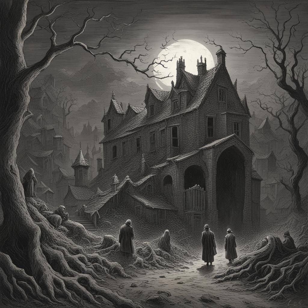 Gothic Horror Scene in Engraving Style