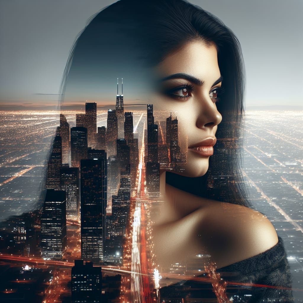 Double Exposure Portrait of Woman in Cityscape