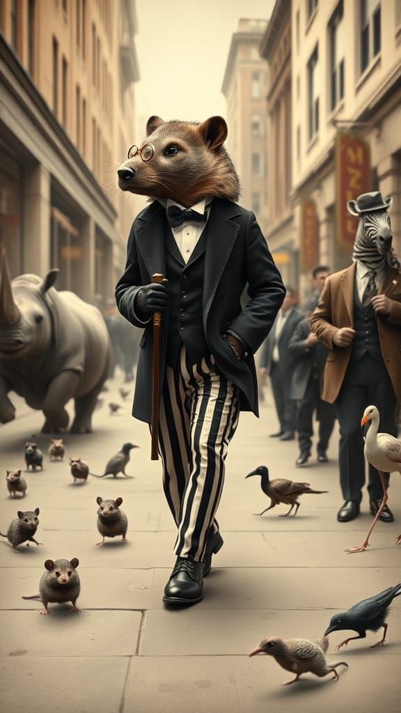 Refined Wombat Gentleman Strolls Through 1920s Downtown