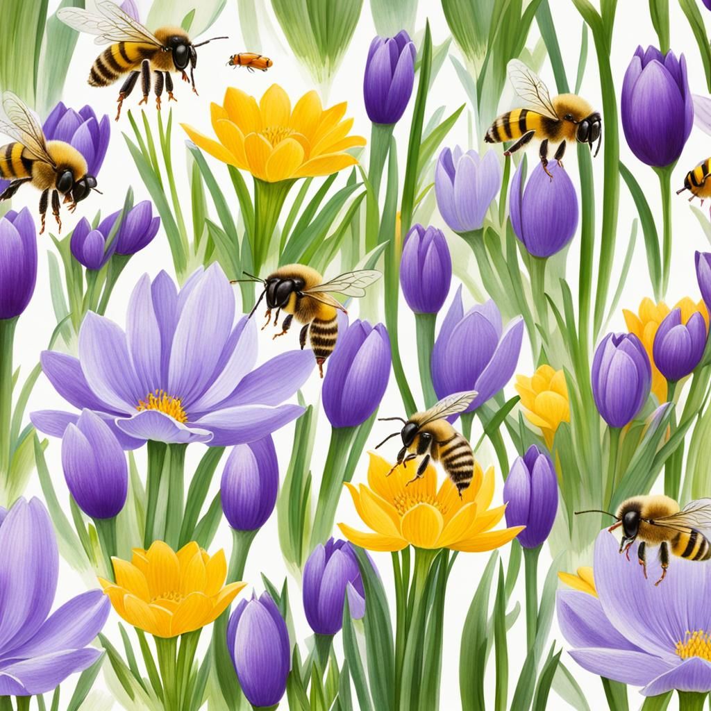 Crocuses and Bees in Spring Sunlight