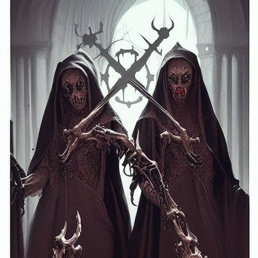 Gothic Nuns from Hell in a Fiery Landscape