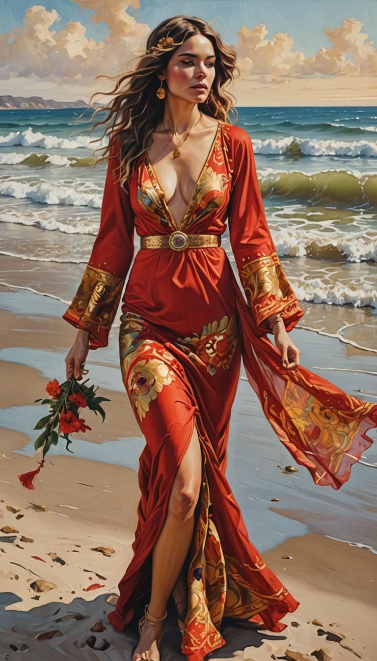 Bohemian Woman in Red and Gold on Beach as Oil Painting