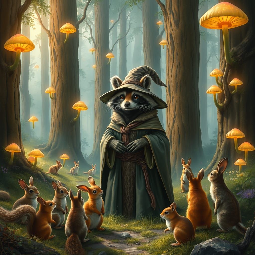 Gandalf-like Raccoon Surrounded by Enchanted Forest Creature...