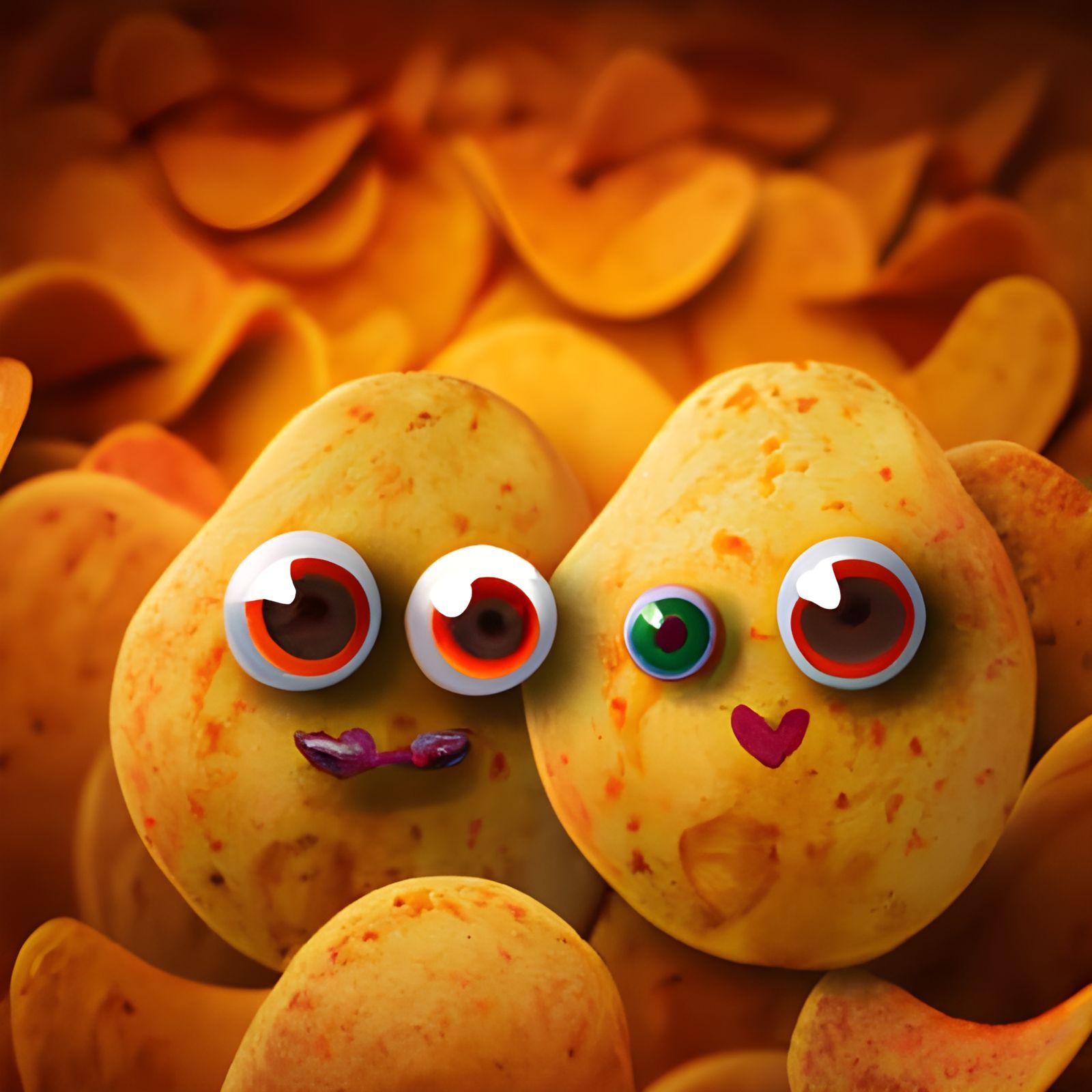 Whimsical Potato Chips Hugging in Pixar Style