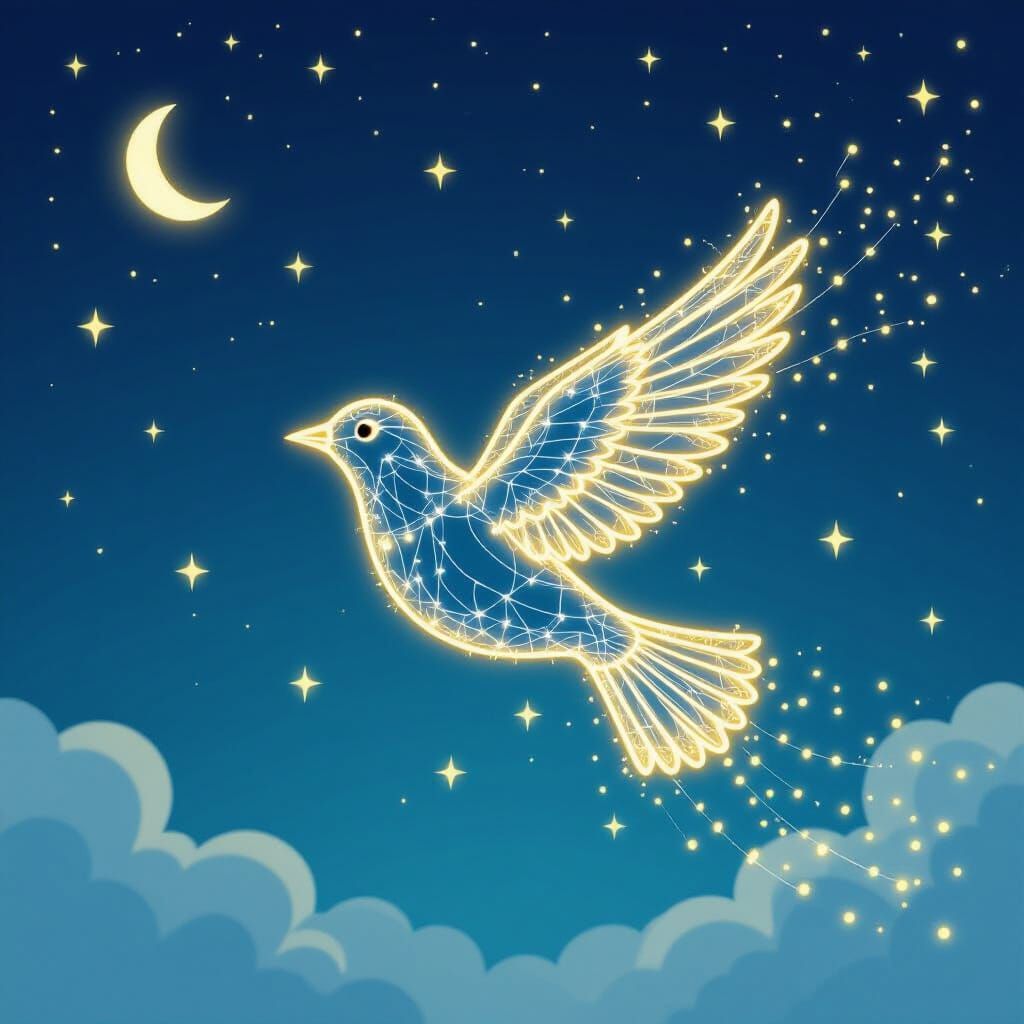 Luminous Bird in Flight: Storybook Illustration
