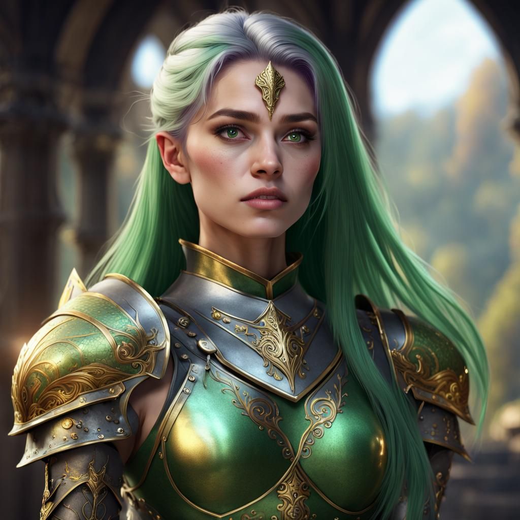 Beautiful Girl with Green Hair in Gold Armor
