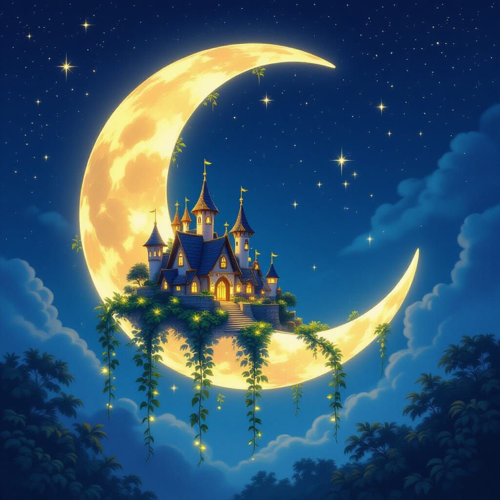 Magical Crystal Moon Village with Glowing Vines