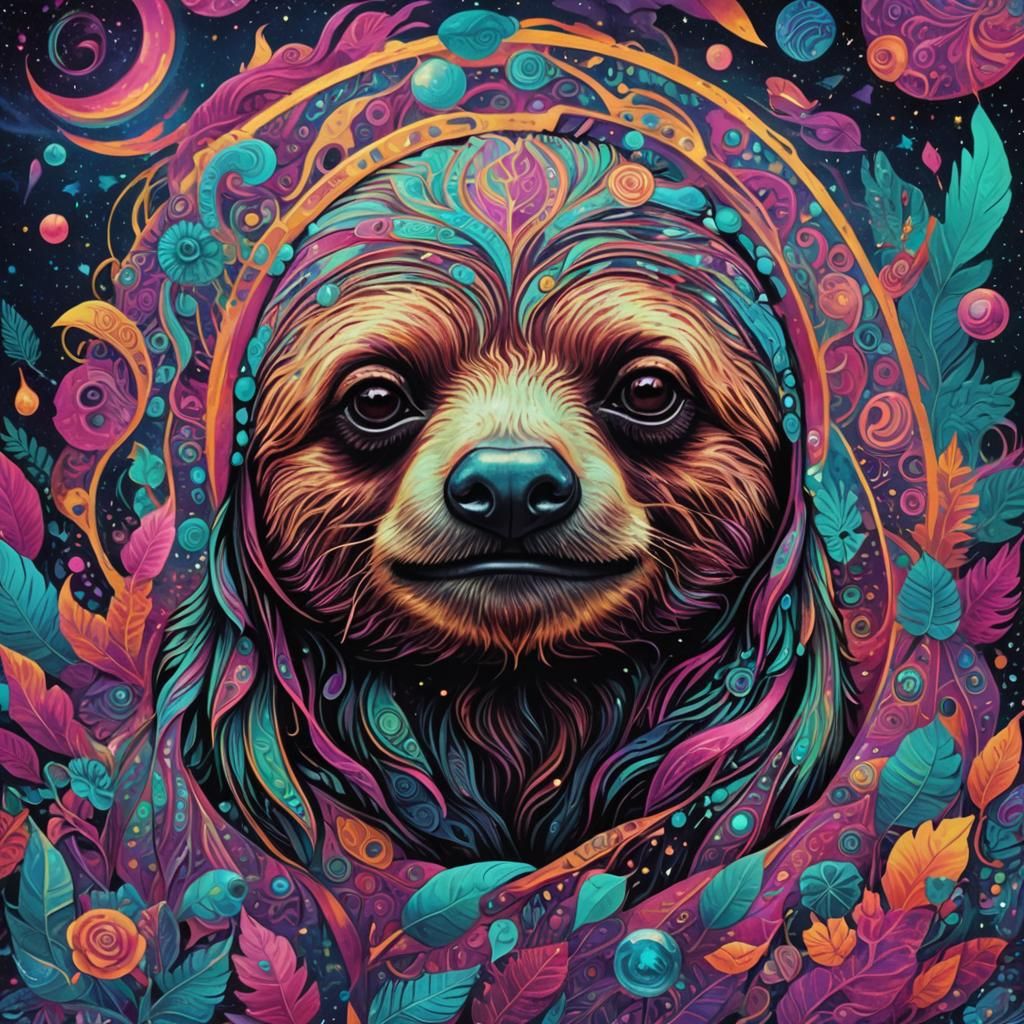 A Reverie of sloth, with swirling patterns and vibrant hallu...
