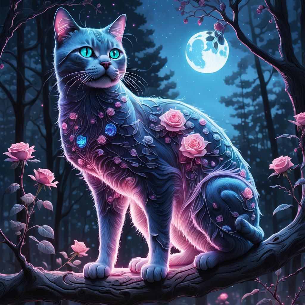 Glass Cat Filled with Bioluminescent Roses