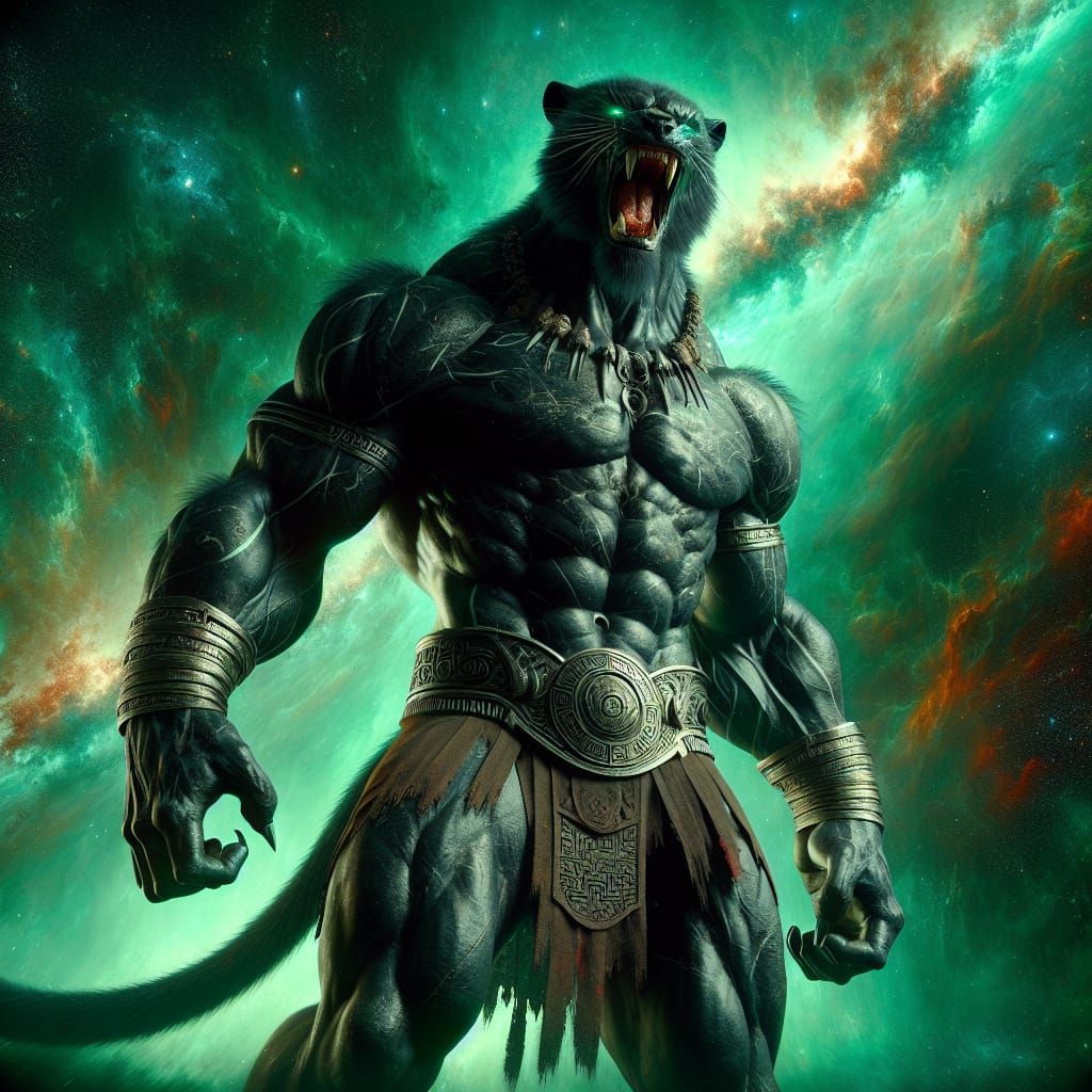 Imposing Black Werejaguar in Mayan Shorts, Matte Painting