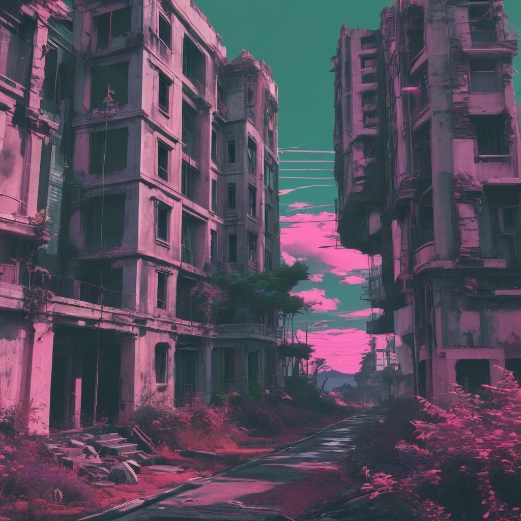 Glitchcore City Ruins with Cyberpunk Decay