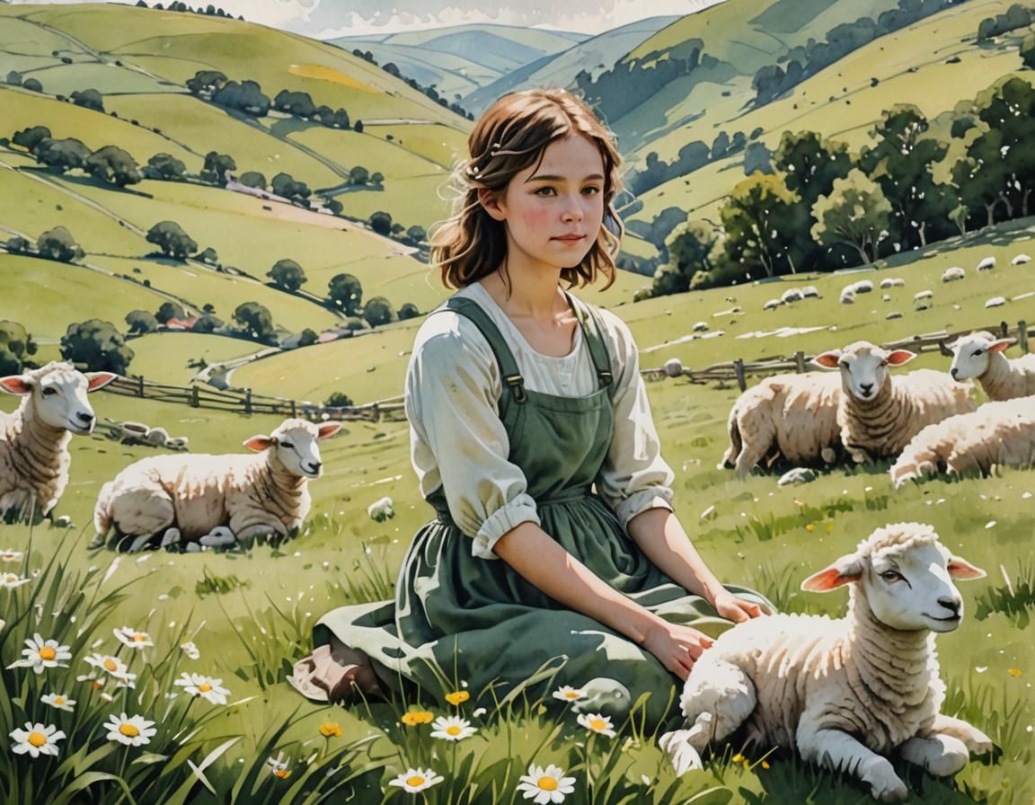Girl with Lamb in Watercolor Meadow