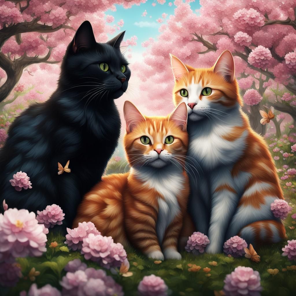 Cats Cuddle in Spring Blossom Fantasy Art