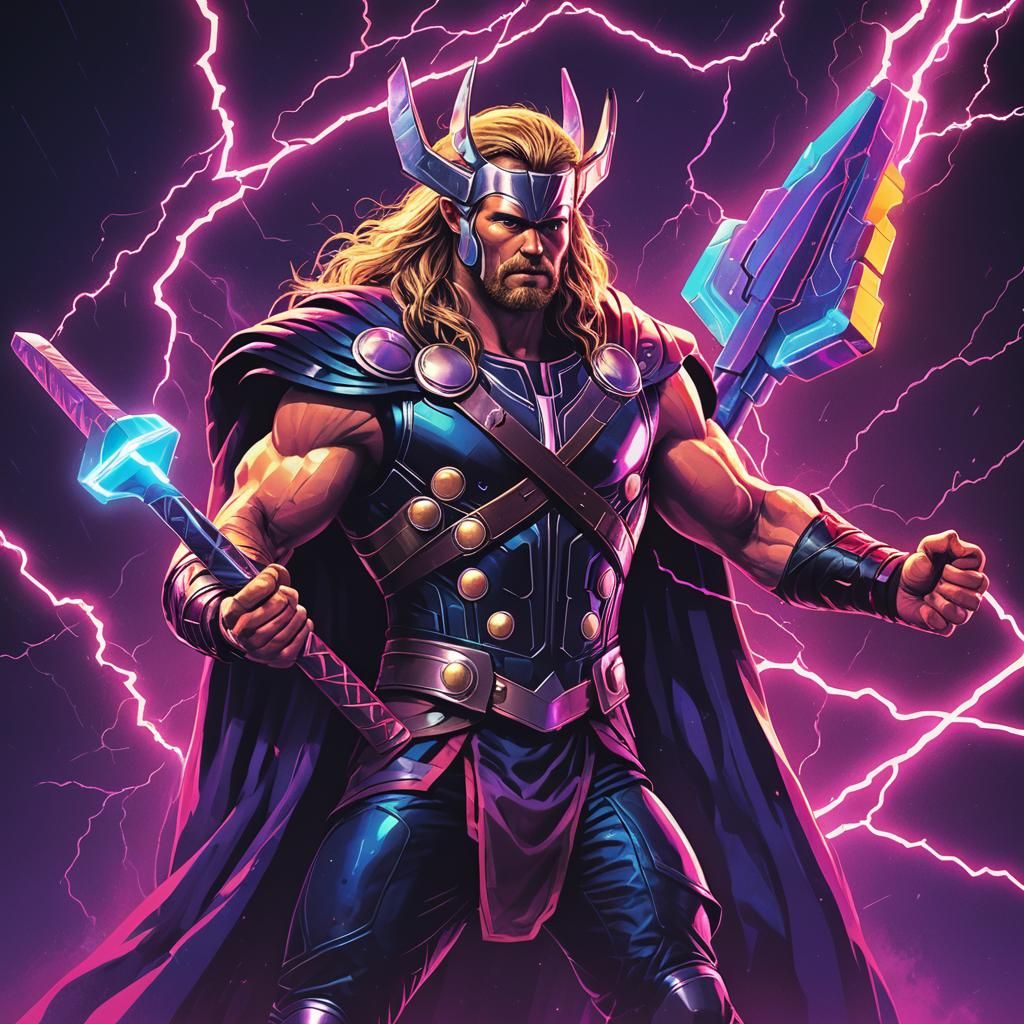 Thor with Stormbreaker in Synthwave Neon Style