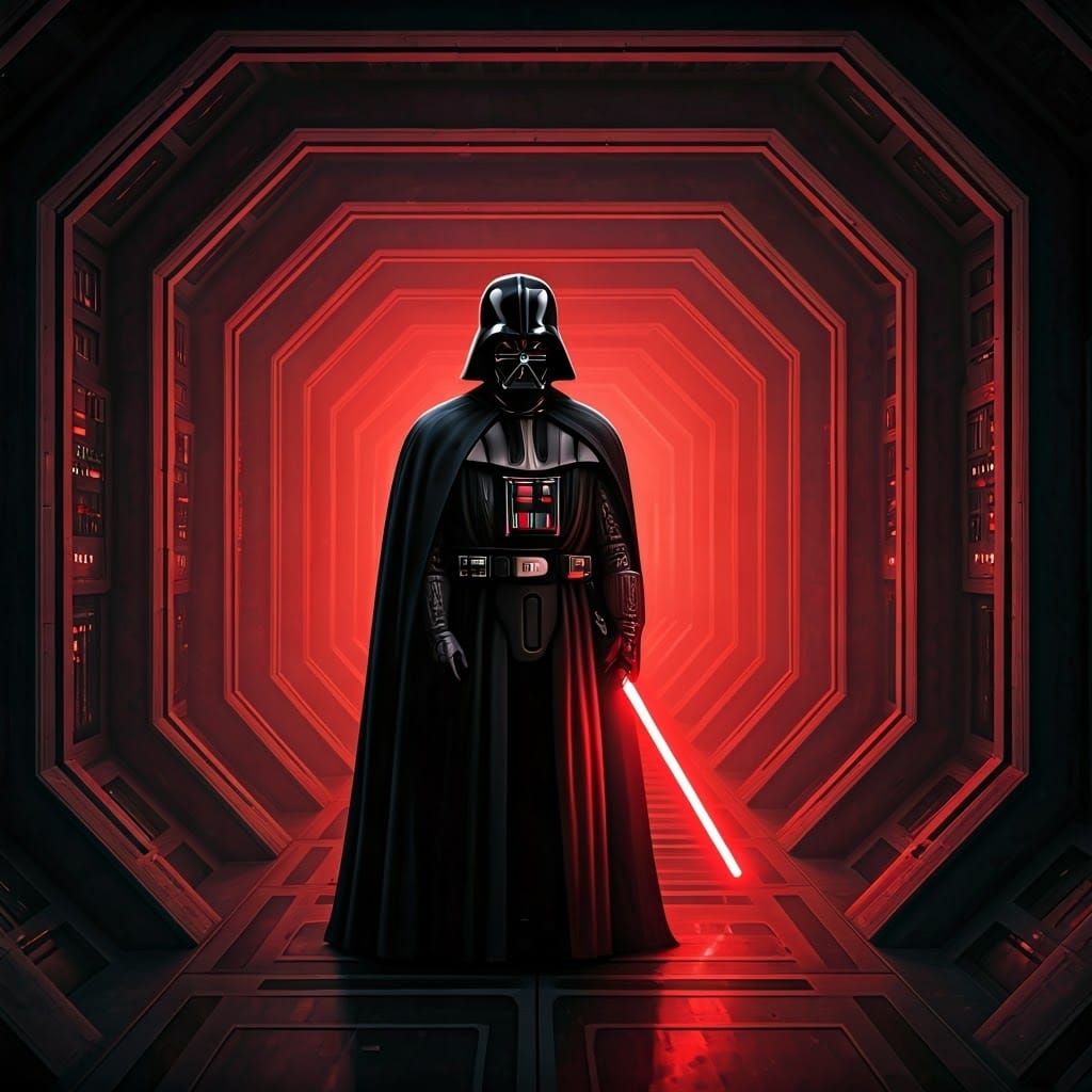 Darth Vader in Dark Hallway: Moebius Comic Style