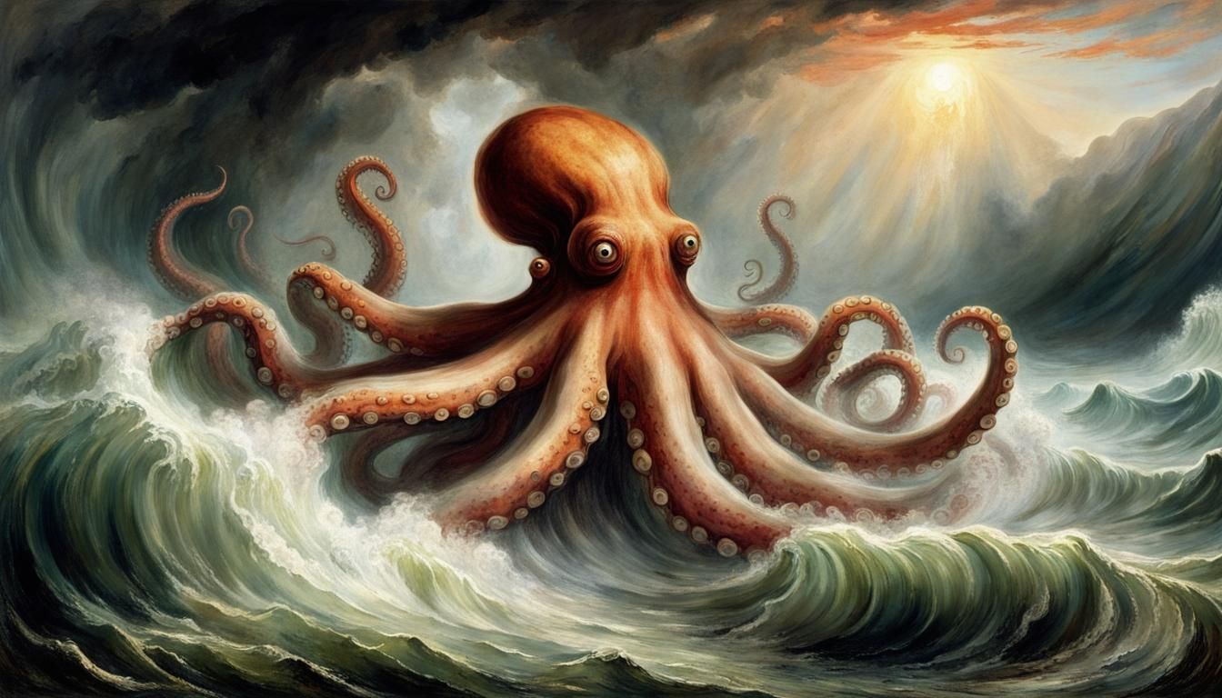 Giant Octopus Monster in Stormy Ocean, Turner Style