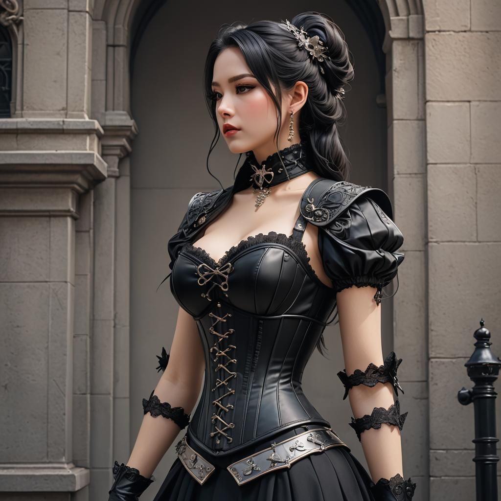 Gorgeous Woman in Gothic Corset: Anime-Inspired 3D Art