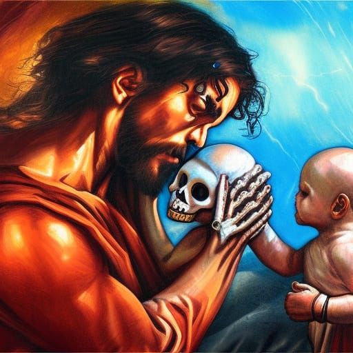 Skeleton Jesus punching Baby Jesus
