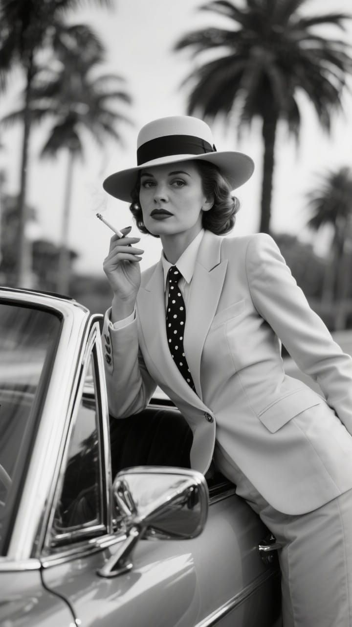 Cinematic Portrait of Woman in Vintage Convertible, Black & ...