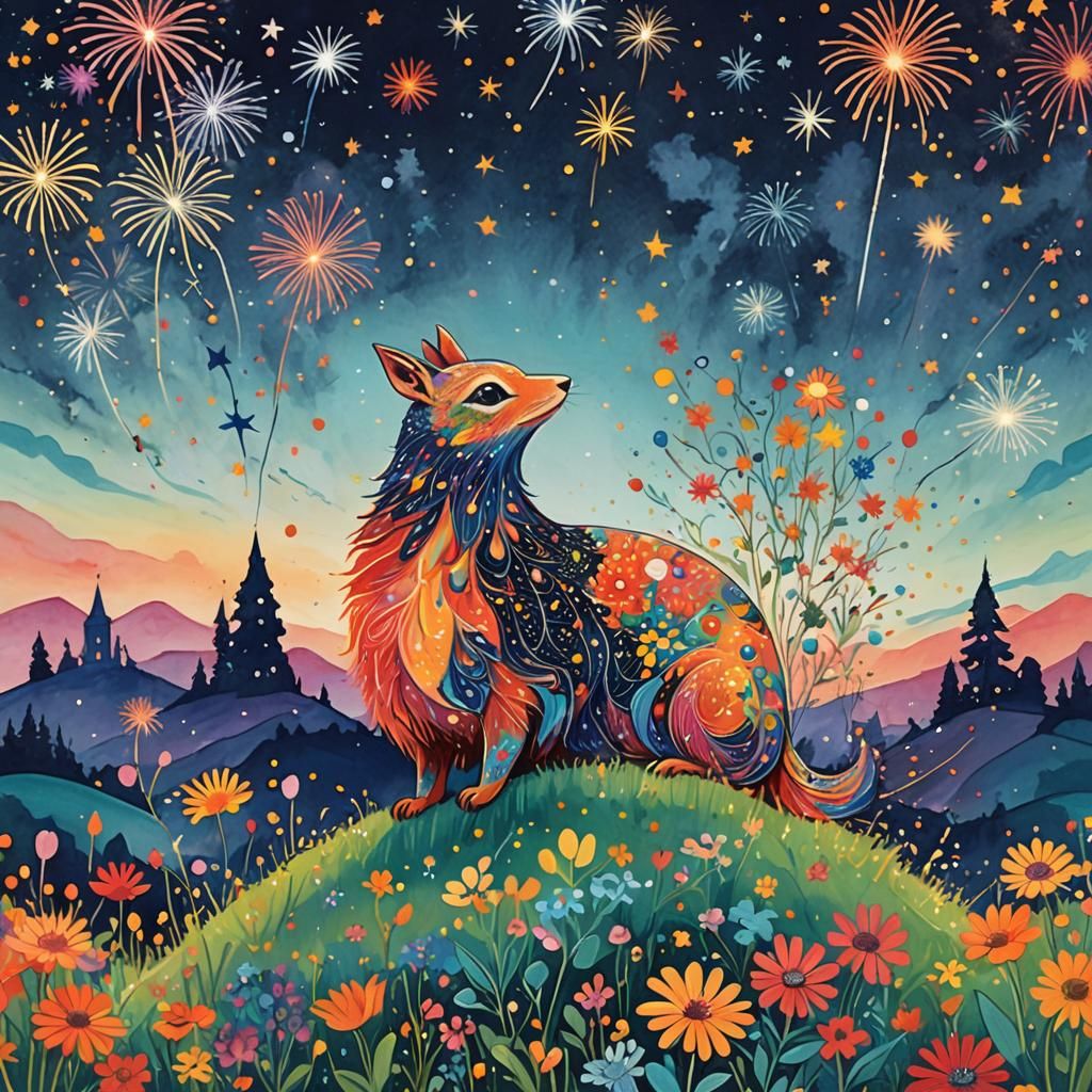 Whimsical Creature on Flower Hill Under Fireworks