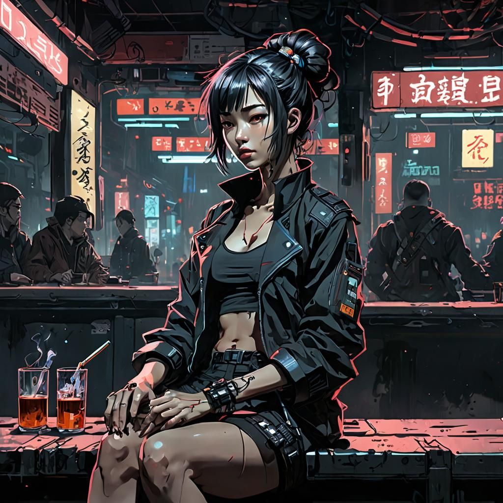 Cyberpunk Anime Woman in Bar, Impressionist Style