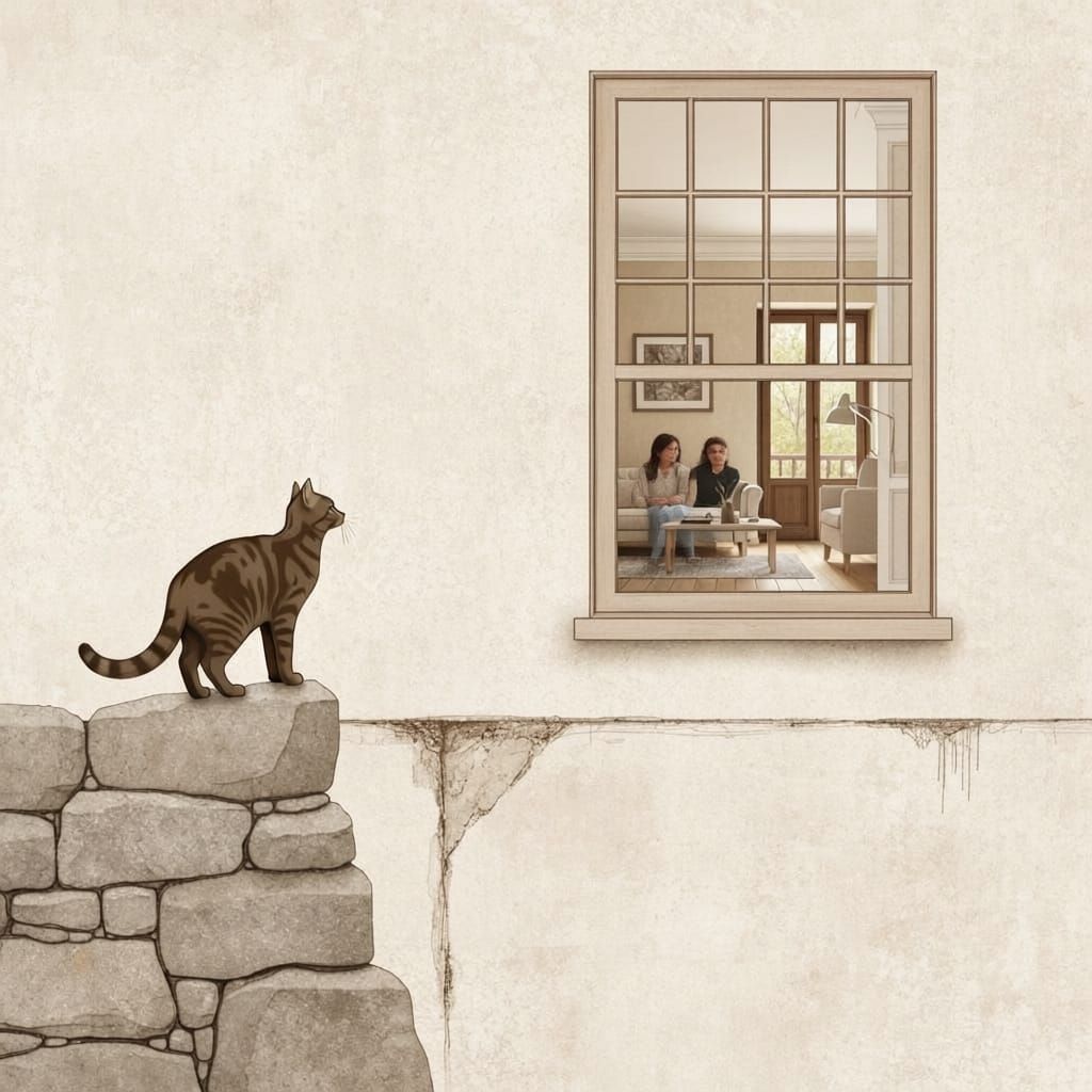 Curious Cat Peeks into Decorated Living Room