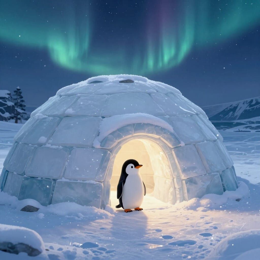 Cozy Arctic Igloo with Penguin in Storybook Style