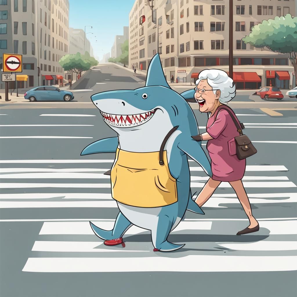 Smiling shark helping old lady cross the street