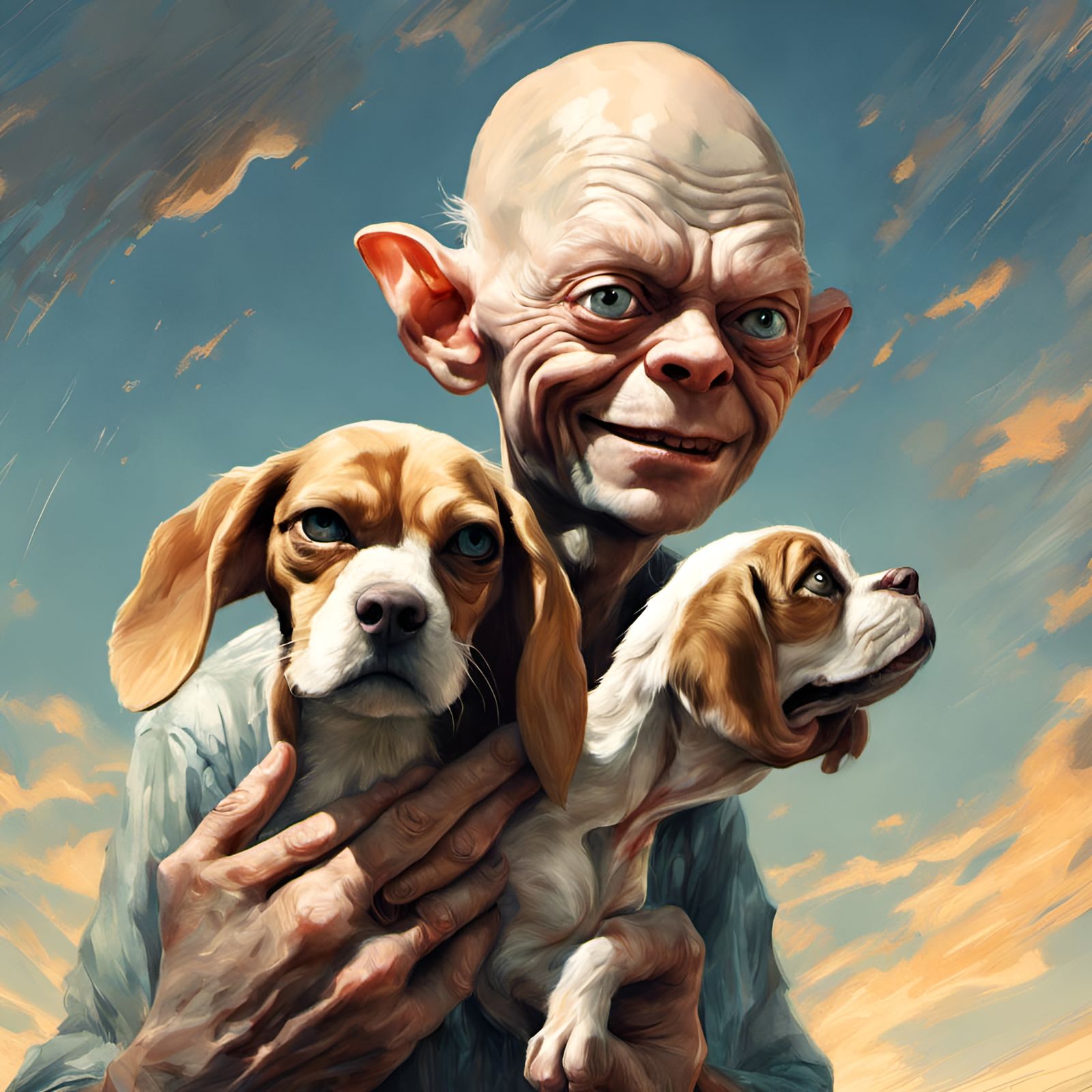 Gollum Portrait Holding Beagle in Disney Style