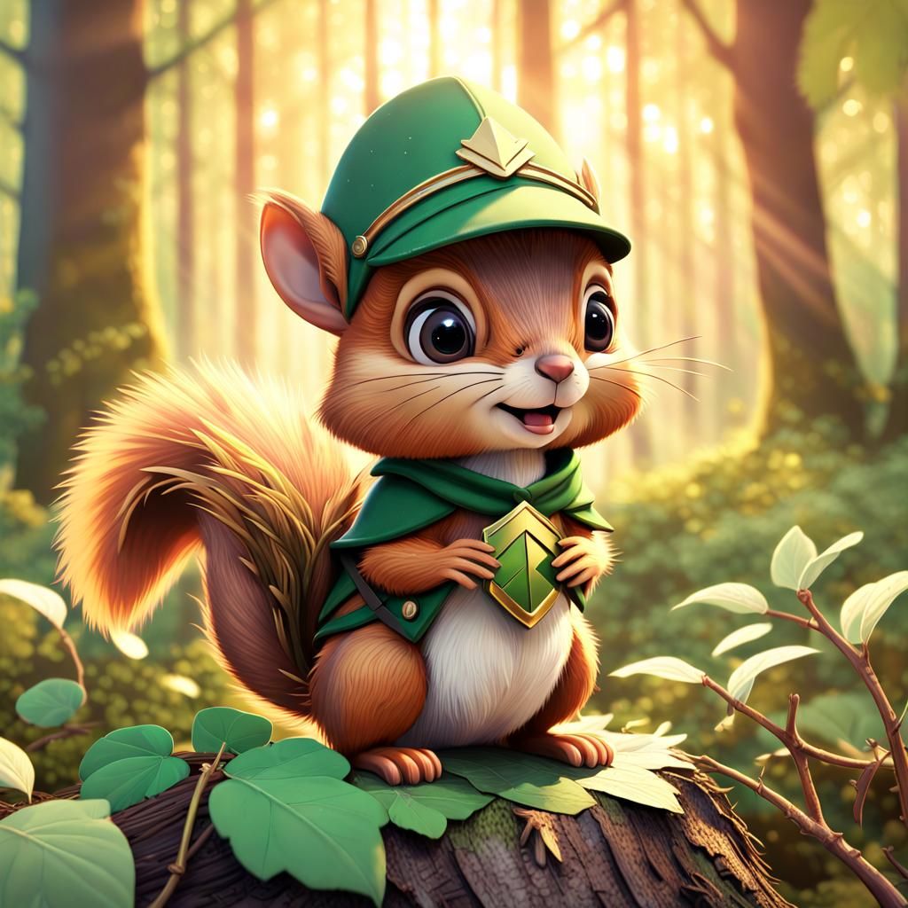 Squirrel in Robin Hood Hat, Detailed Fantasy Art