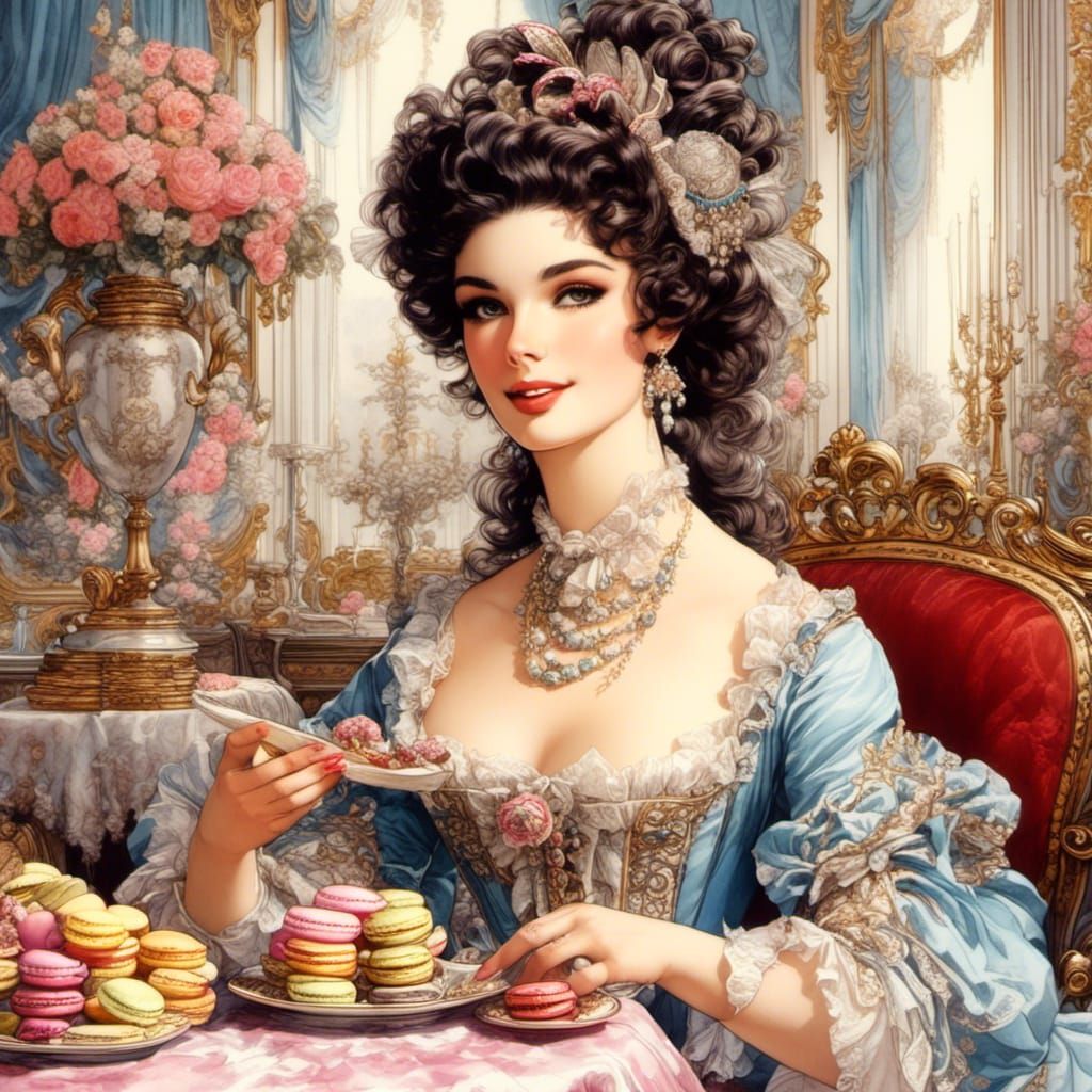 Marquise with Macarons: Sensual Rococo Digital Illustration