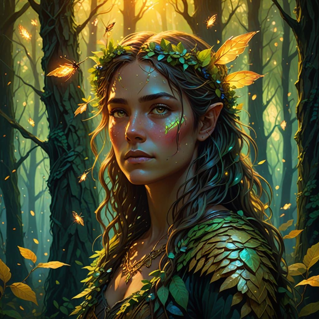 Dryad in Forest, Vibrant Oil Painting Style
