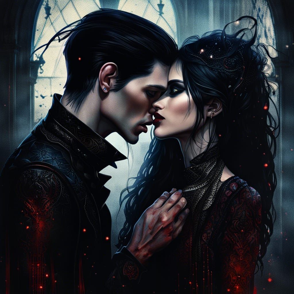 Gothic Brothers Kissing Brunette in Noir Style