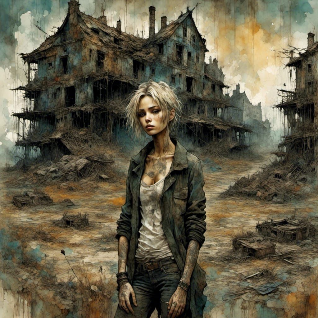 Wasteland Woman in Burned Environment: Grunge Style