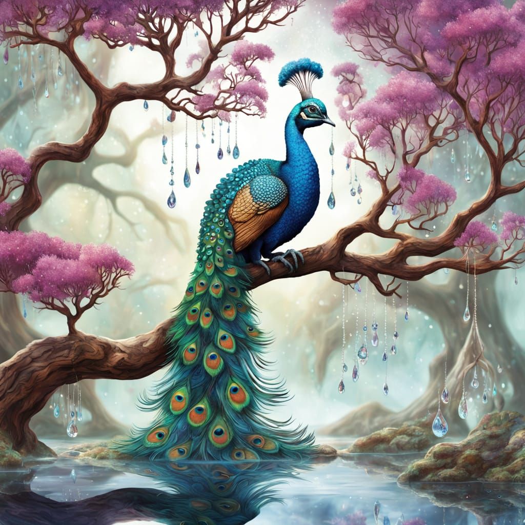 Chameleon with Peacock Plumage on Crystal Tree