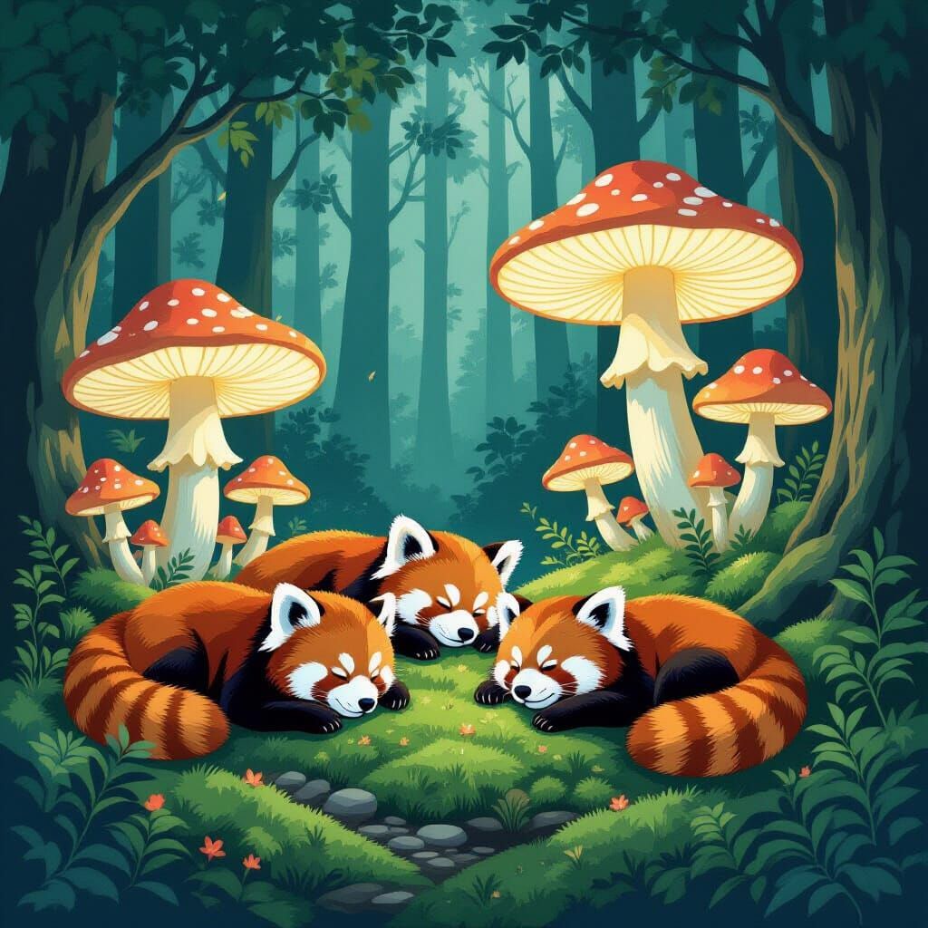 Red Pandas Slumbering Among Giant Bioluminescent Mushrooms