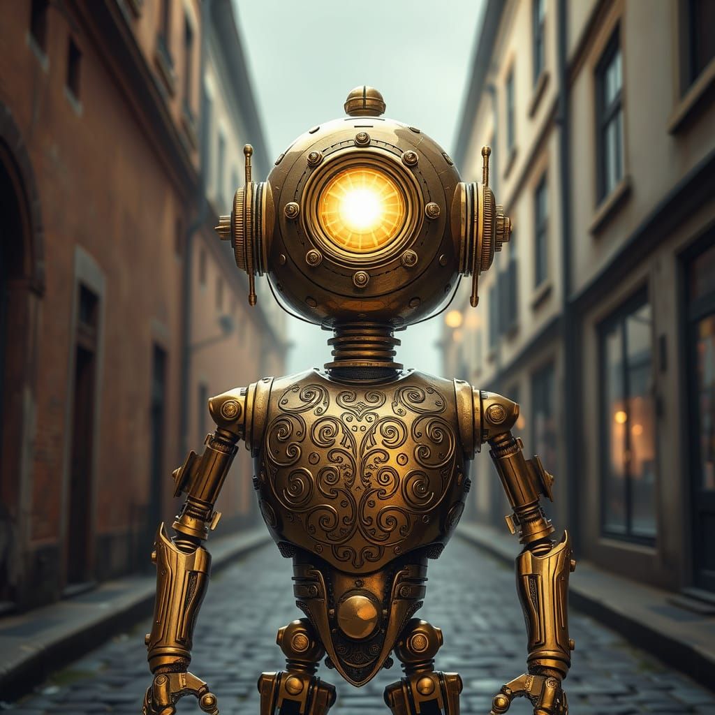 Brassy Robot Stands Tall on Cobblestone Street
