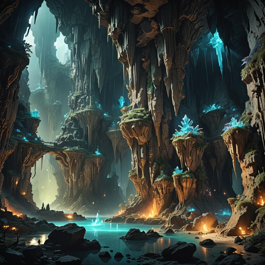 Mystical Cavern with Glowing Crystals: Digital Matte Paintin...