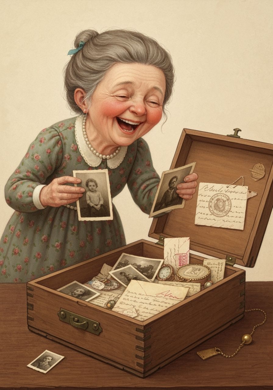 Elderly Woman Laughs at Old Photos in Vintage Box