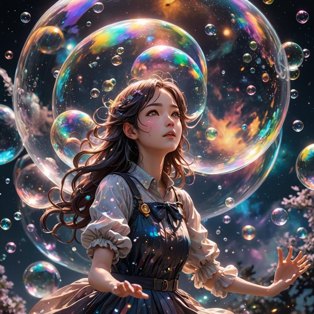 Anime Girl in Bubble Flies Through Starry Galaxy