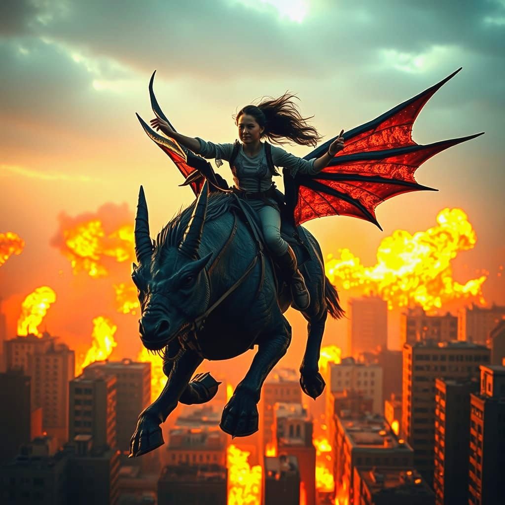 Amazon Warrior on Golden Chimera in Battle