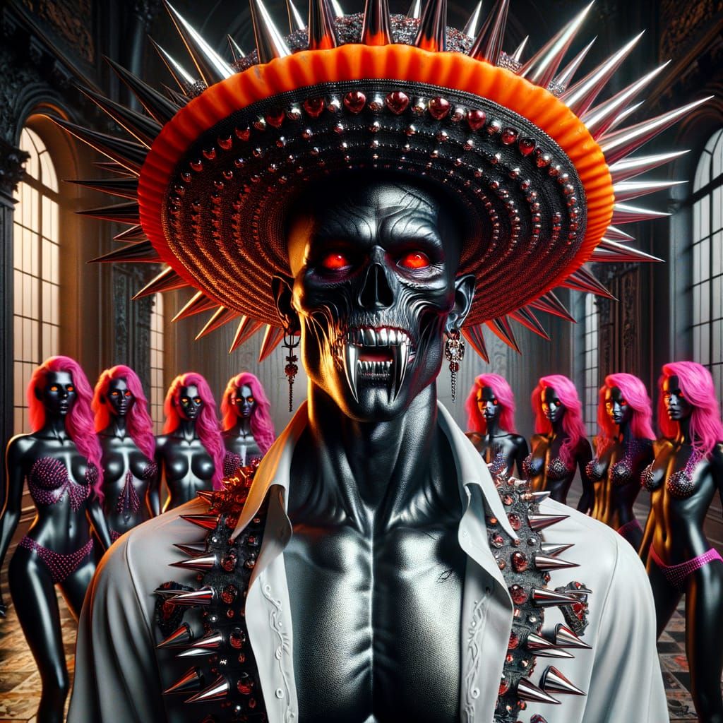 Ancient Vampire with Metallic Skin in Neon Hat