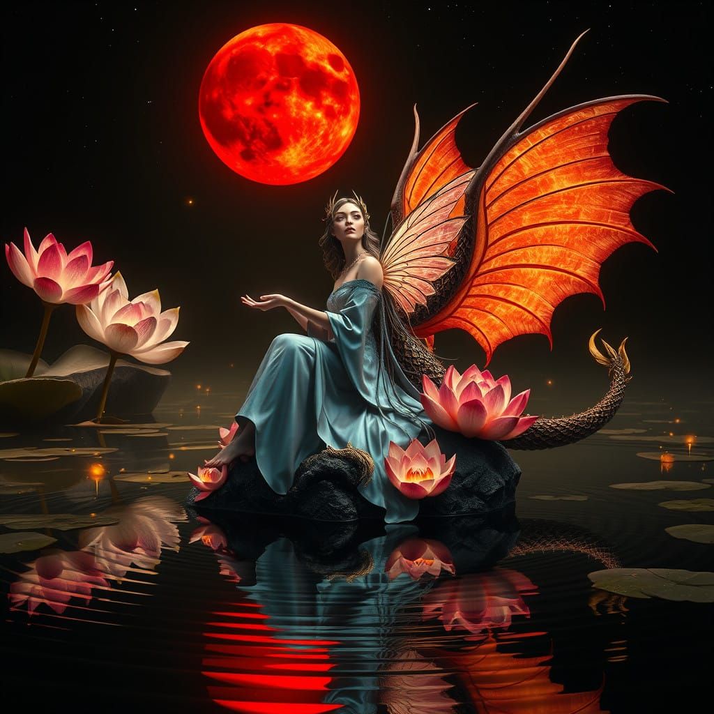 Fantasy Fairy Basks in Moonlit Lake, Surrounded by Majestic...