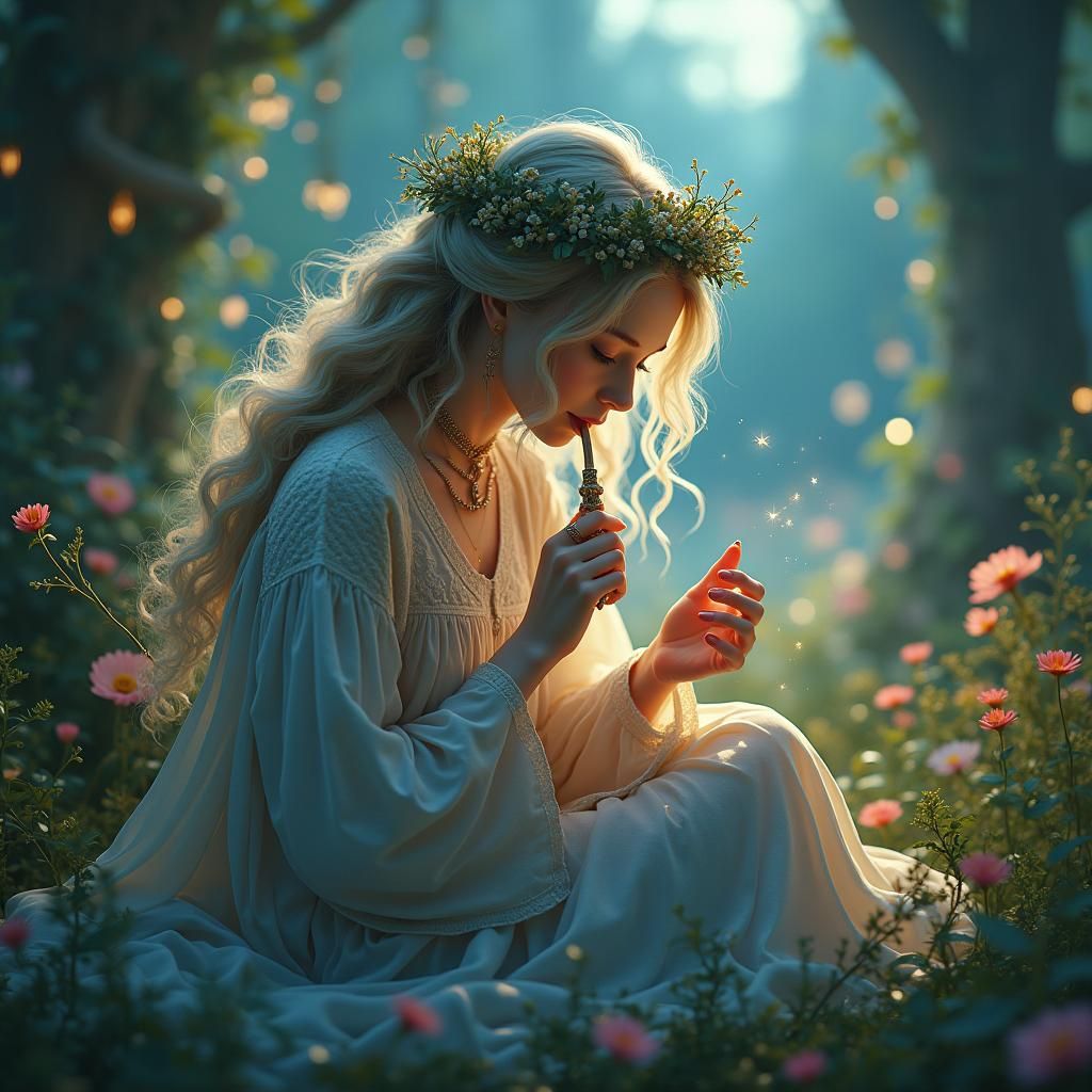 Ethereal Garden Witch with Mystical Pipe, Anime Art